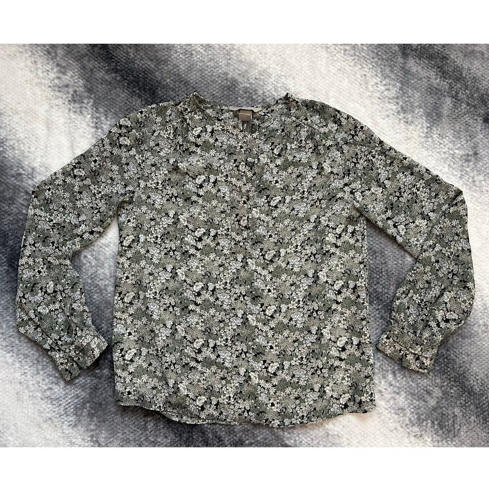 H&M Floral Green Quarter Button Long Sleeve Lined Flowy Blouse Size XS